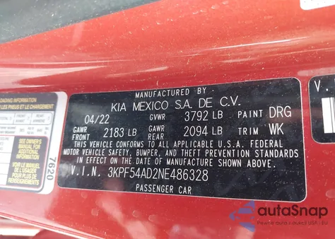 2022 Kia Forte Gt-Line из США, поврежденный, VIN 3KPF54AD2NE486328